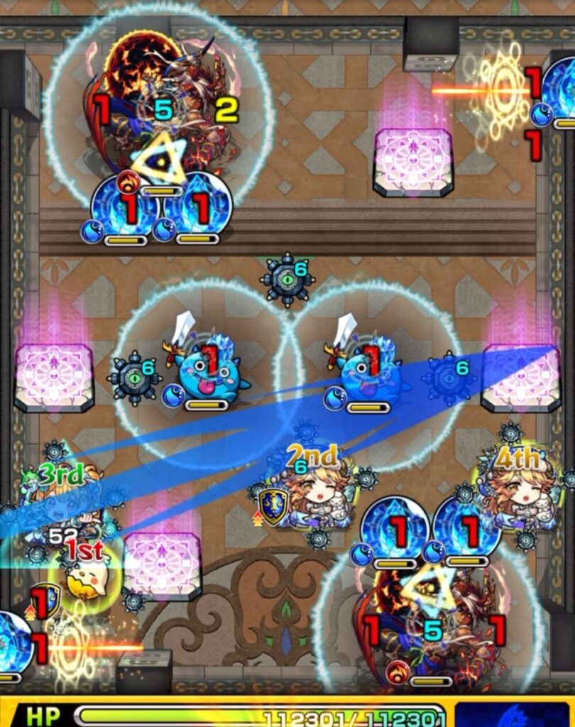 覇者の塔3rdシーズン31階・ステージ3の1手目。剣リン→センサーの順で触れ、ノストラダムスの加速を活かしてヴリトラの同時処理を狙うも、玉で減速して失敗した場面のスクリーンショット。