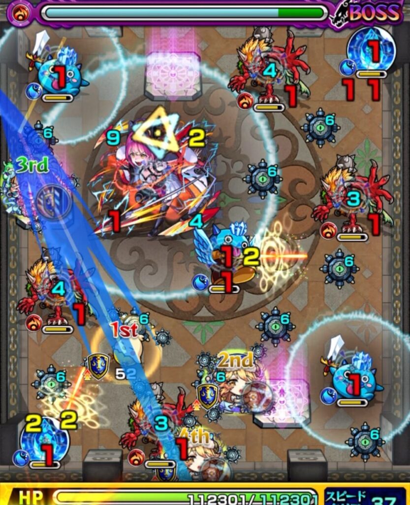 覇者の塔3rdシーズン31階・ボスステージ1の1手目。剣リン→はやリン→センサーの順で触れ、加速を活かして鬼とボスを同時攻撃し、大ダメージを与えたシーン。