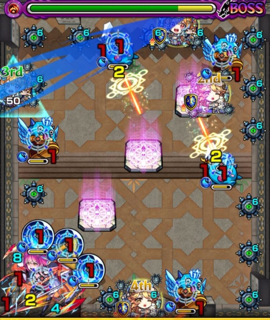 覇者の塔3rdシーズン31階・ボスステージ2の1手目。剣リン→はやリン→センサーの順で触れ、加速と透過を活かしてボスの弱点を攻撃し大ダメージを与えたシーン。