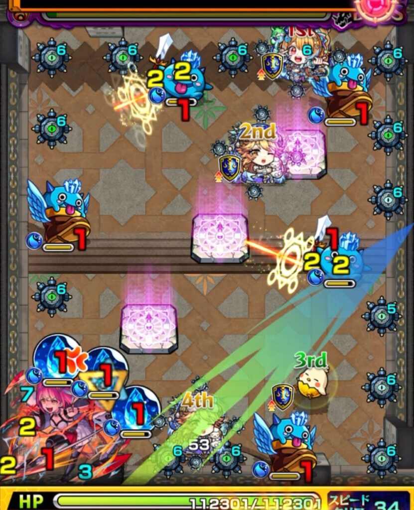 覇者の塔3rdシーズン31階・ボスステージ2の2手目。剣リン→はやリンの順に触れ、加速しながらボスの弱点を攻撃して撃破したシーン。