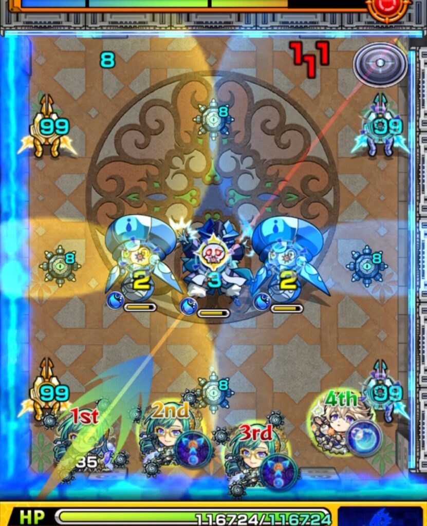 覇者の塔3rdシーズン32階のステージ1・1手目。黄色の魔導士を撃破してカラードクロを発動し、黄色のレーザーバリア範囲内の味方に攻撃力アップを付与するシーン。