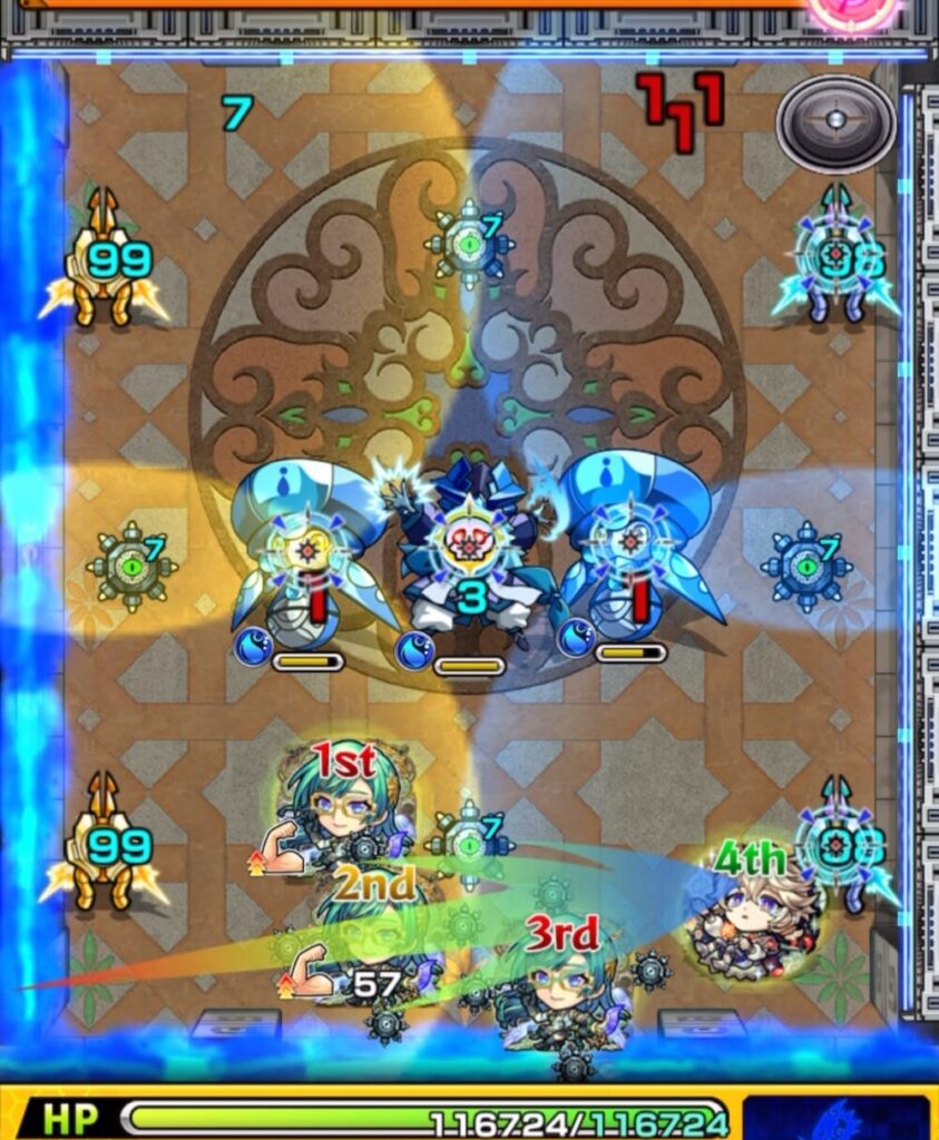 覇者の塔3rdシーズン32階のステージ1・2手目。カラードクロ効果による攻撃力アップ状態で、魔導士とハンシャインを同時に処理するシーン。