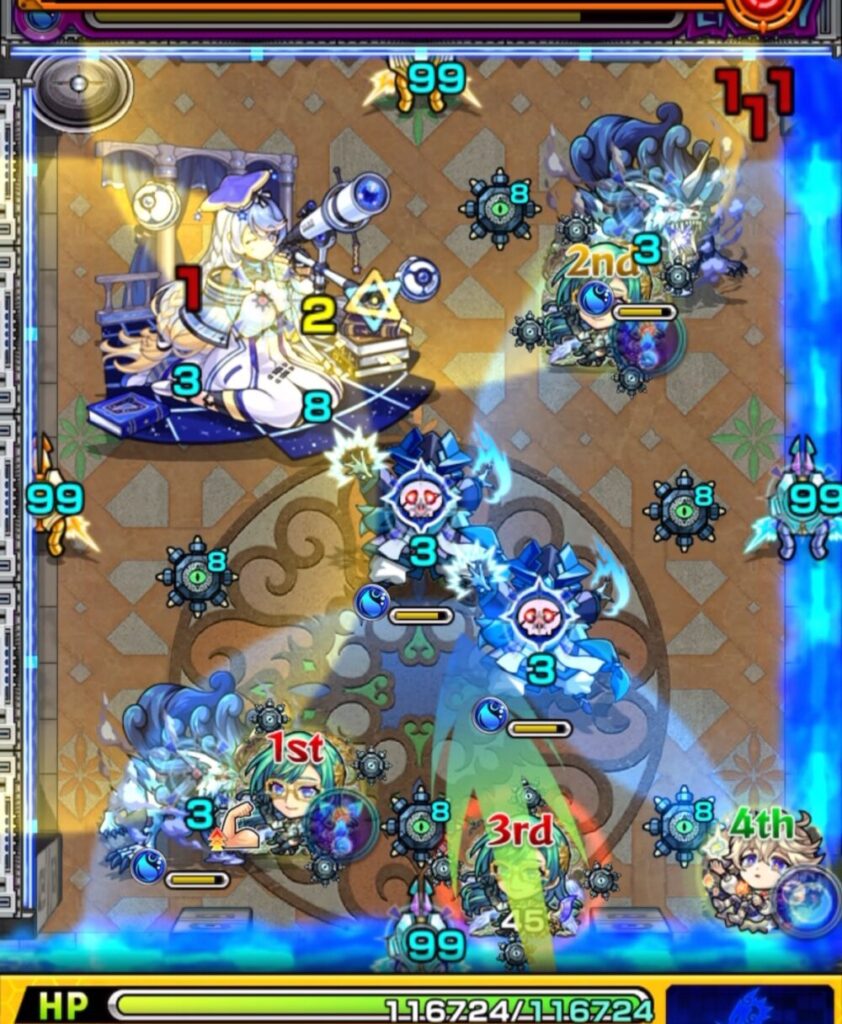 覇者の塔3rdシーズン32階のステージ2・1手目。次の味方が青レーザーバリア内にいるため本来は青色で魔導士を倒す必要があったが、誤って黄色状態で撃破してしまった場面。