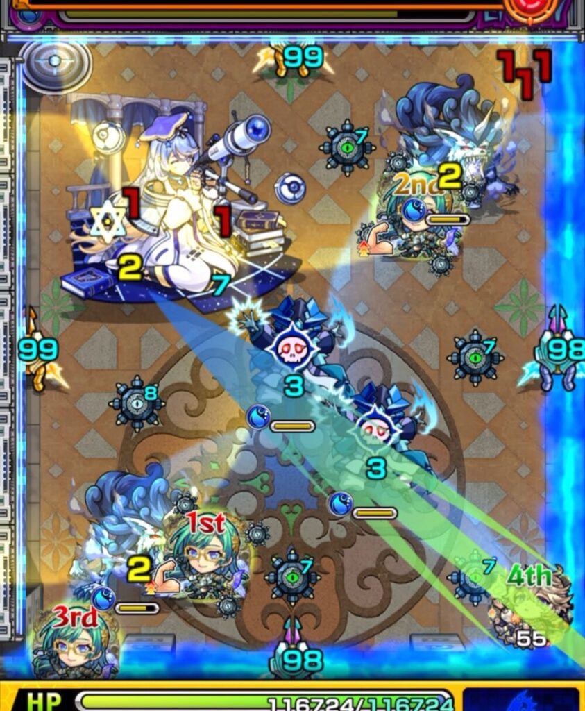 覇者の塔3rdシーズン32階のステージ2・2手目。黄色と青色のレーザーバリア範囲内にいる味方に合わせて、それぞれの色の魔導士を処理し、全員に攻撃力アップを付与するシーン。