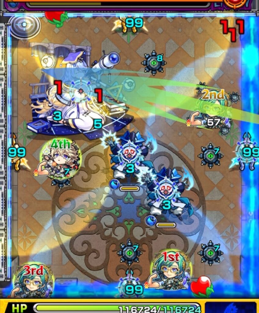 覇者の塔3rdシーズン32階のステージ2・4手目。攻撃力アップ状態で中ボスの弱点を攻撃し、ダメージを与えて撃破に成功したシーン。