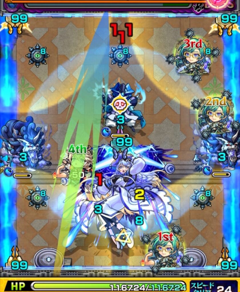 覇者の塔3rdシーズン32階のボスステージ1・1手目。魔導士を黄色状態で処理し、ザドキエルの加速友情を活かしてボスに大ダメージを与え、突破に成功したシーン。