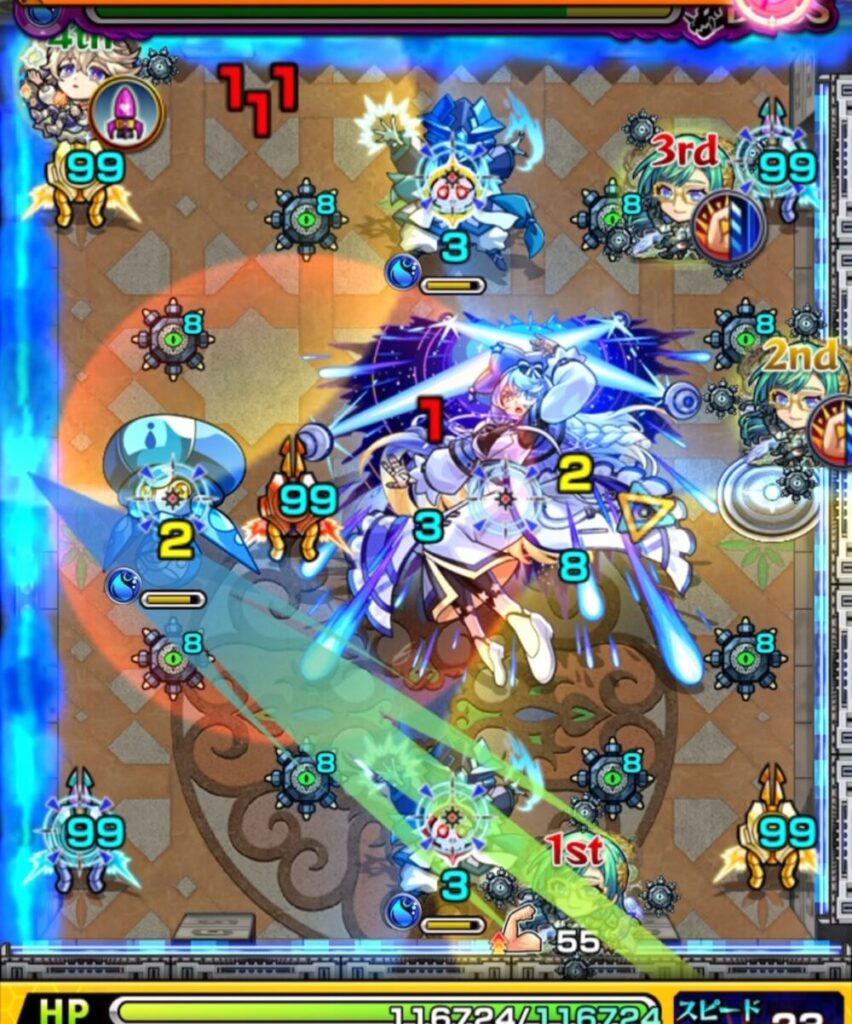 覇者の塔3rdシーズン32階のボスステージ2・1手目。魔導士を処理し、ハンシャインを経由してカラードクロを発動し、味方全体の攻撃力をアップさせるシーン。