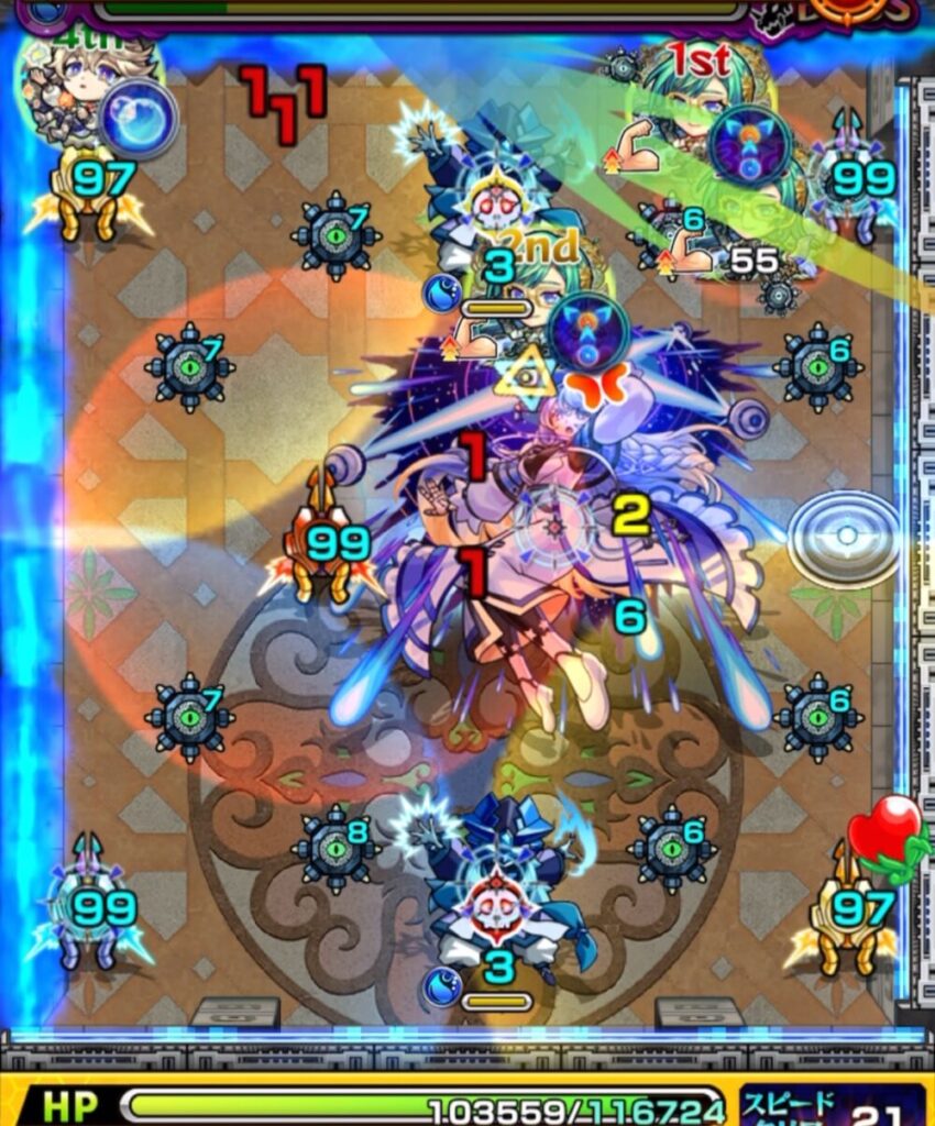 覇者の塔3rdシーズン32階のボスステージ2・3手目。魔導士を処理しつつ攻撃力アップ状態でボスにダメージを与え、撃破に成功したシーン。