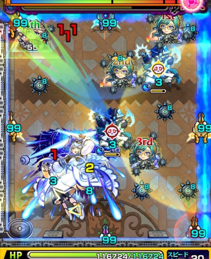 覇者の塔3rdシーズン32階のボスステージ3・1手目。魔導士を処理してカラードクロを発動し、味方の攻撃力をアップさせるシーン。