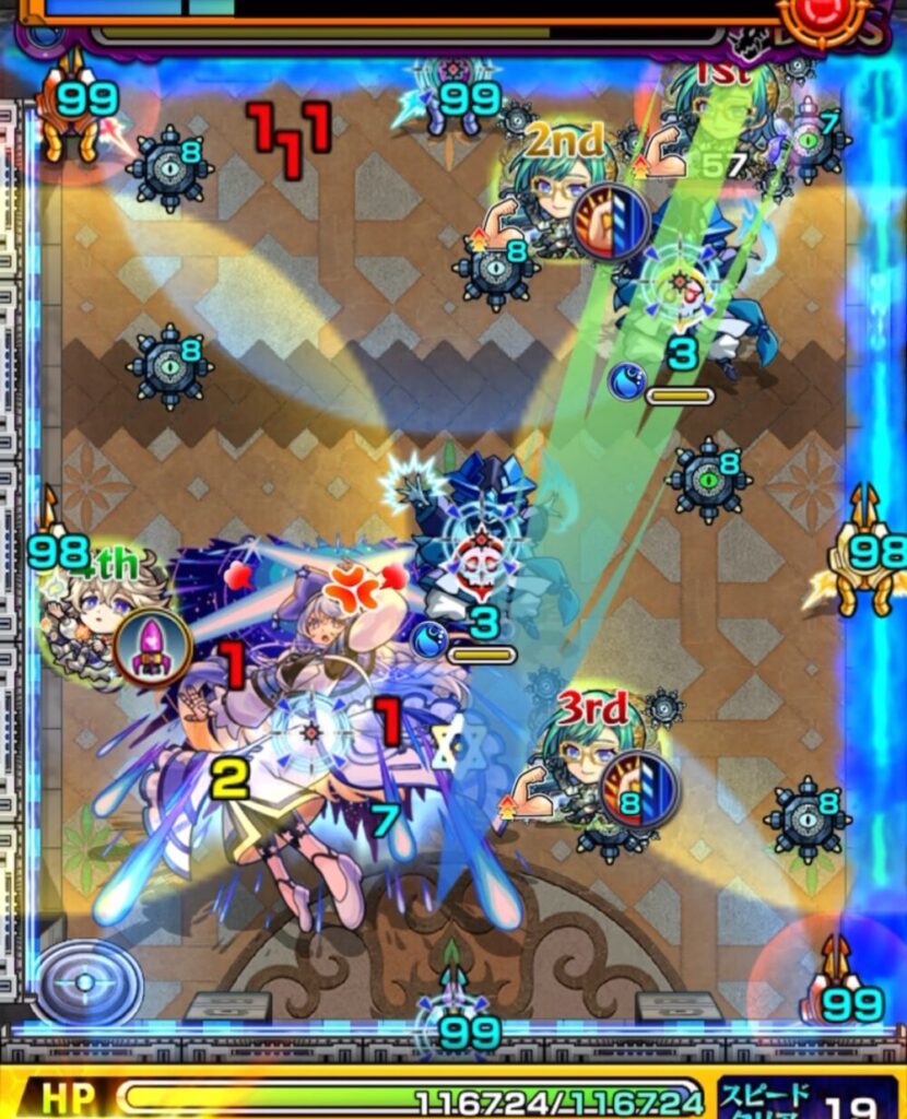 覇者の塔3rdシーズン32階のボスステージ3・2手目。魔導士を処理しつつボスの弱点を攻撃し、カラードクロ効果による攻撃力アップで大ダメージを与えるシーン。