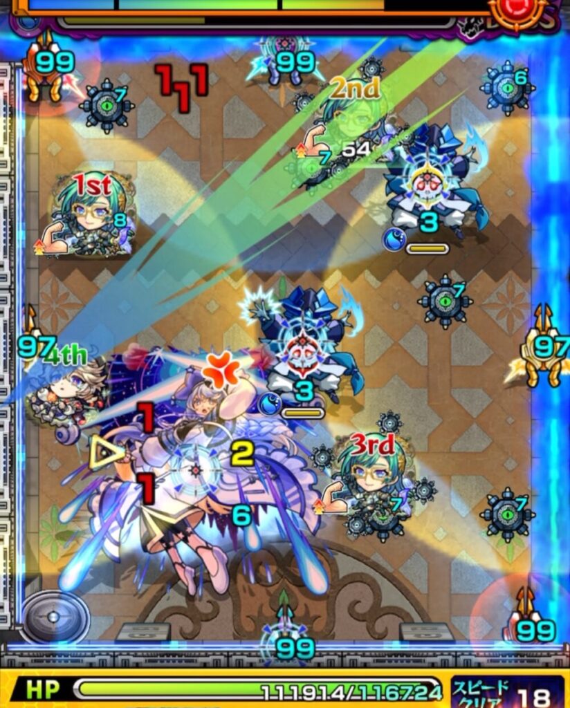 覇者の塔3rdシーズン32階のボスステージ3・3手目。ボスの弱点を攻撃しつつ魔導士を処理し、攻撃力アップ状態で大ダメージを与えて撃破したシーン。