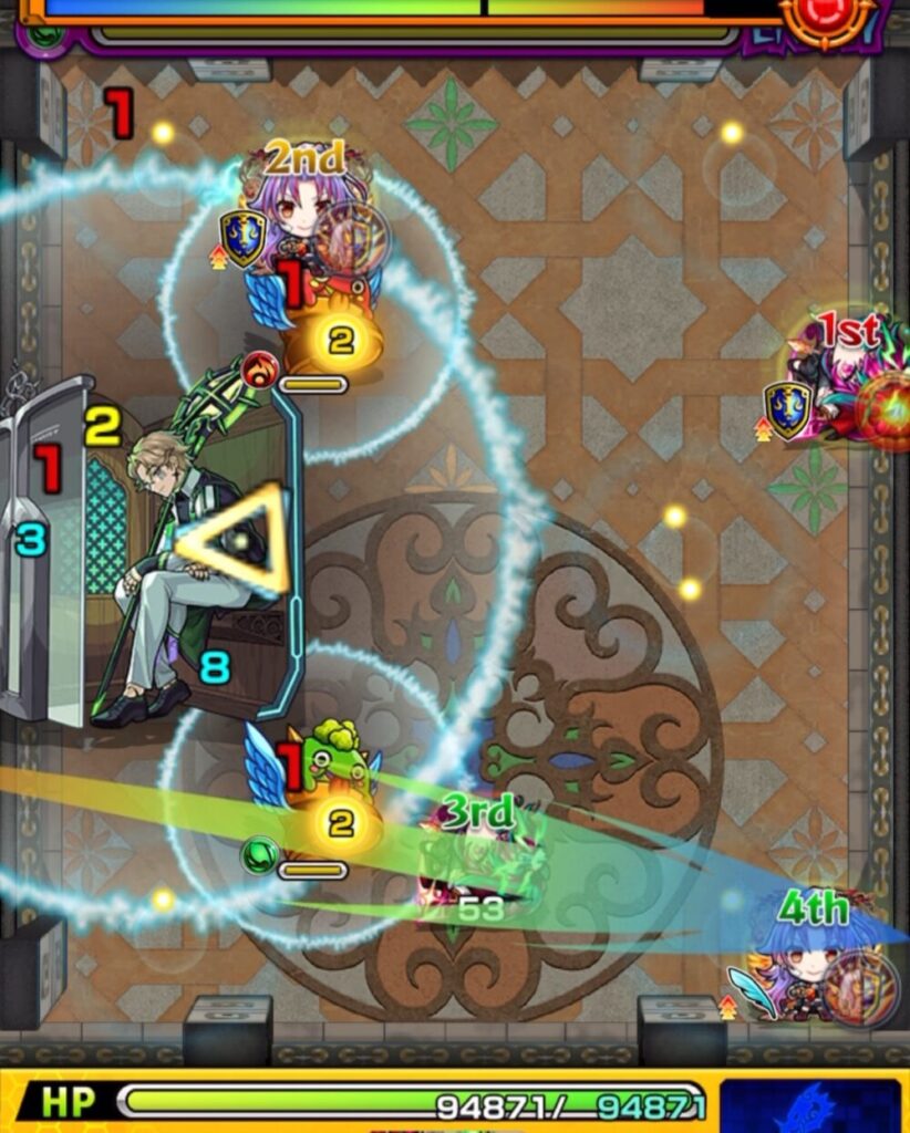 覇者の塔33階（3rdシーズン）ステージ2の1手目。右下へ薄く弾き、緑はやリンと赤はやリンの両方にフォトンを付与して中ボスの防御ダウンと弱点効果アップを同時に発動した場面。