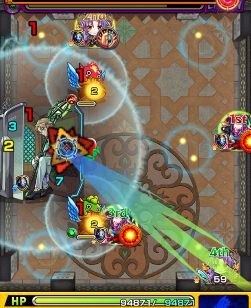 覇者の塔33階（3rdシーズン）ステージ2の2手目。中ボスの弱点を攻撃しながらはやリンにフォトンを付与し、防御ダウンと弱点効果アップを活かして大ダメージを与え撃破した場面。