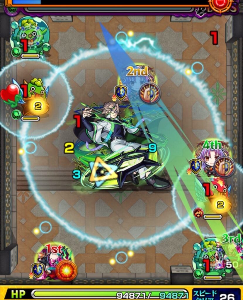 覇者の塔33階（3rdシーズン）ボスステージ1の1手目。緑はやリンにフォトンを当てて防御ダウンを発動し、弱体化したぷよリンを攻撃して処理した場面。