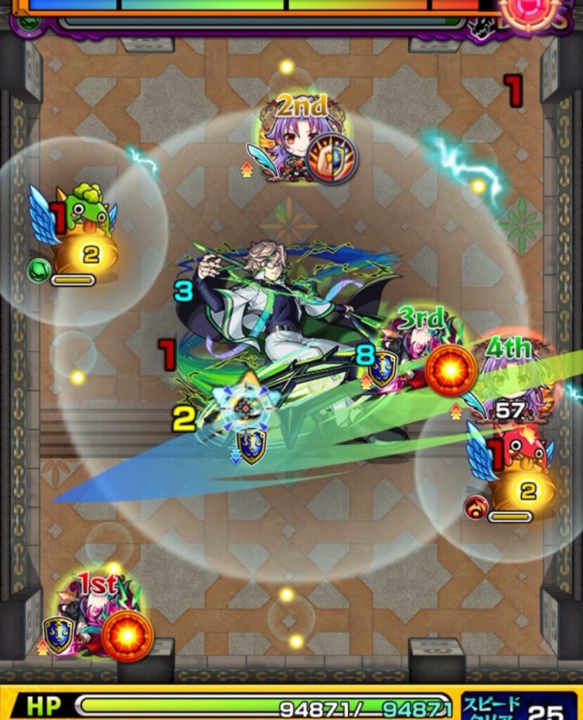 覇者の塔33階（3rdシーズン）ボスステージ1の2手目。斜め下に弾いて赤はやリンへのフォトン付与を狙うも、角度がわずかにずれフォトンを当てられず弱点効果アップを発動できなかった場面。