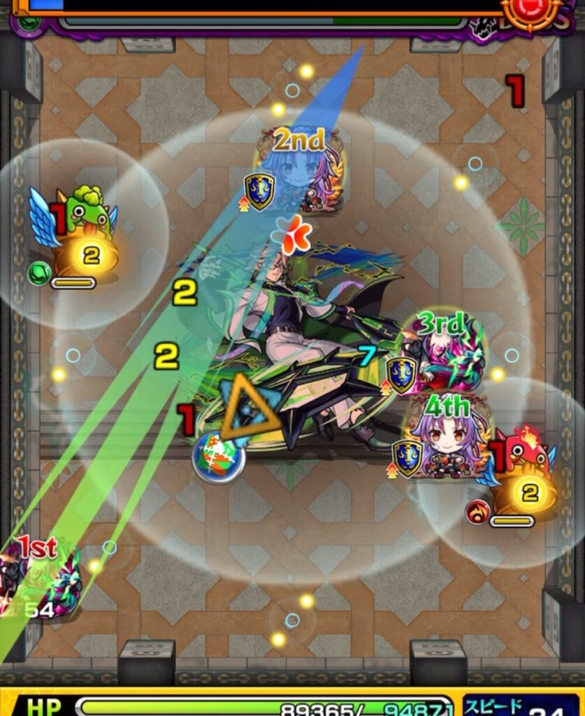 覇者の塔33階（3rdシーズン）ボスステージ1の3手目。赤はやリンにフォトンを当てて弱点効果アップを発動し、次の味方の攻撃に備えてバフを維持する場面