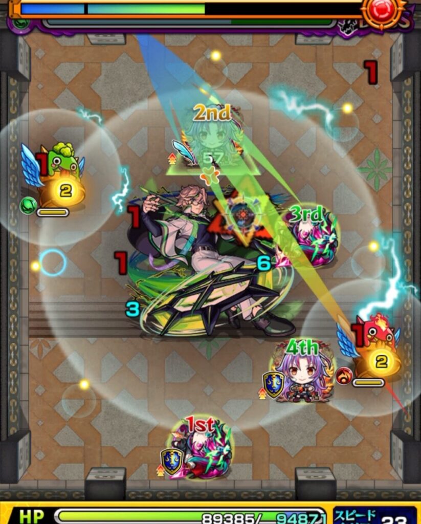 覇者の塔33階（3rdシーズン）ボスステージ1の4手目。緑はやリンへのフォトン付与で防御ダウンを狙うが、フォトンを拾い損ねて発動に失敗し、ボスへのダメージが伸びなかった場面。