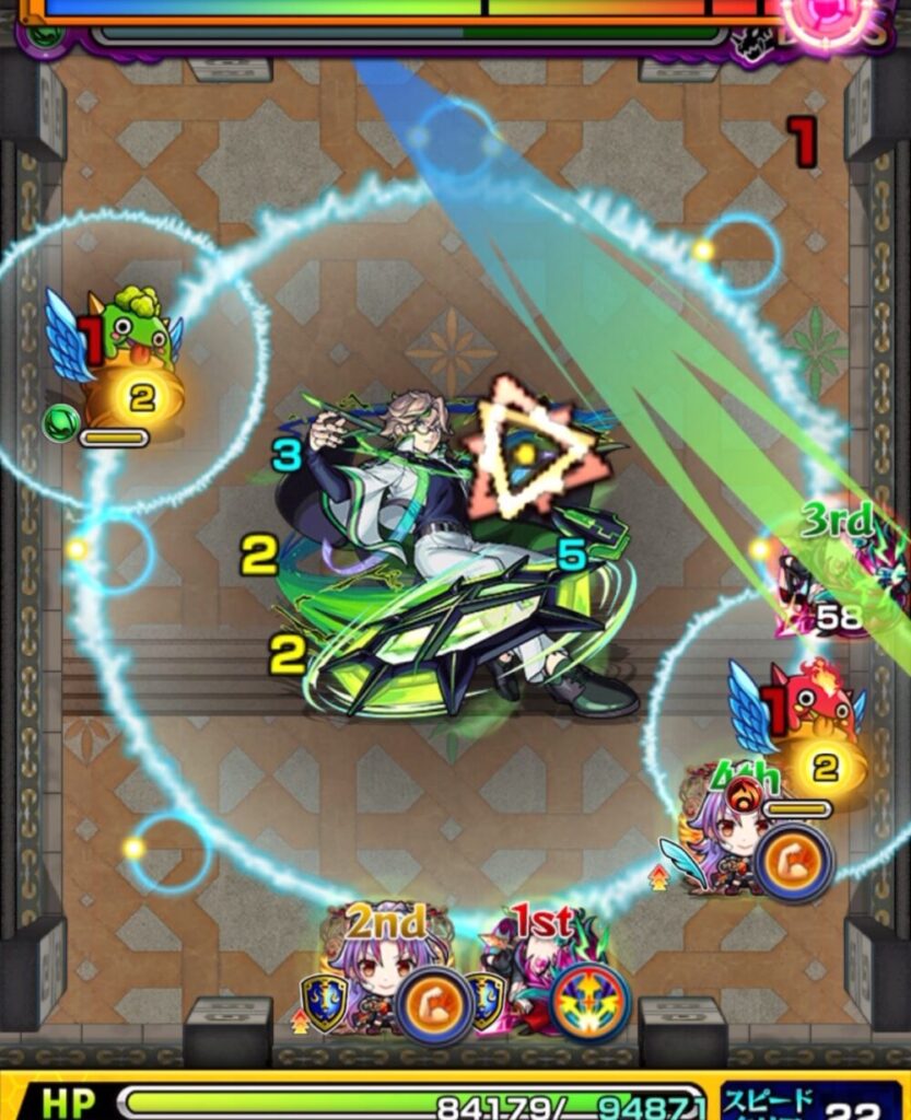 覇者の塔33階（3rdシーズン）ボスステージ1の5手目。緑はやリンにフォトンを当てて防御ダウンを発動し、防御が下がったボスにダメージを与えて削りを進めた場面。