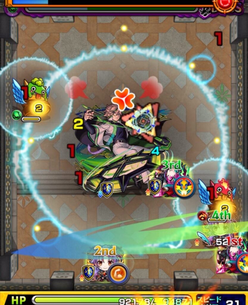 覇者の塔33階（3rdシーズン）ボスステージ1の6手目。下方向に薄く弾きフォトンを拾い、赤はやリンに付与して弱点効果アップを発動。ボスに大ダメージを与え、撃破に成功した場面。