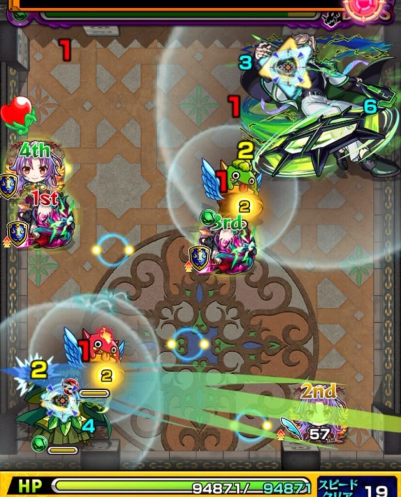 覇者の塔33階（3rdシーズン）ボスステージ2の2手目。赤はやリンと緑はやリンの両方にフォトンを付与し、防御ダウンと弱点効果アップを同時に発動。ボスに大ダメージを与えて撃破した場面。