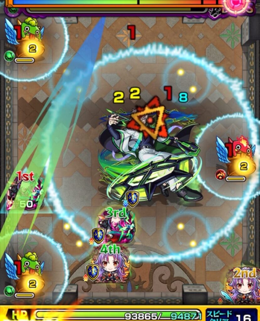 覇者の塔33階（3rdシーズン）ボスステージ3の3手目。ボスの弱点を攻撃しながらはやリンにフォトンを付与し、防御ダウンと弱点効果アップを維持して火力を重ねる場面。