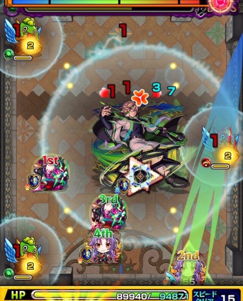 覇者の塔33階（3rdシーズン）ボスステージ3の4手目。はやリンにフォトンを付与して防御ダウンと弱点効果アップを発動し、ボスの弱点を攻撃。重なった効果で大ダメージを与え撃破した場面。