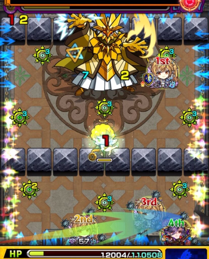 ステージ1・2手目の場面。HWでHPを回復しながら魔導士を攻撃し、敵を撃破した瞬間のスクリーンショット。