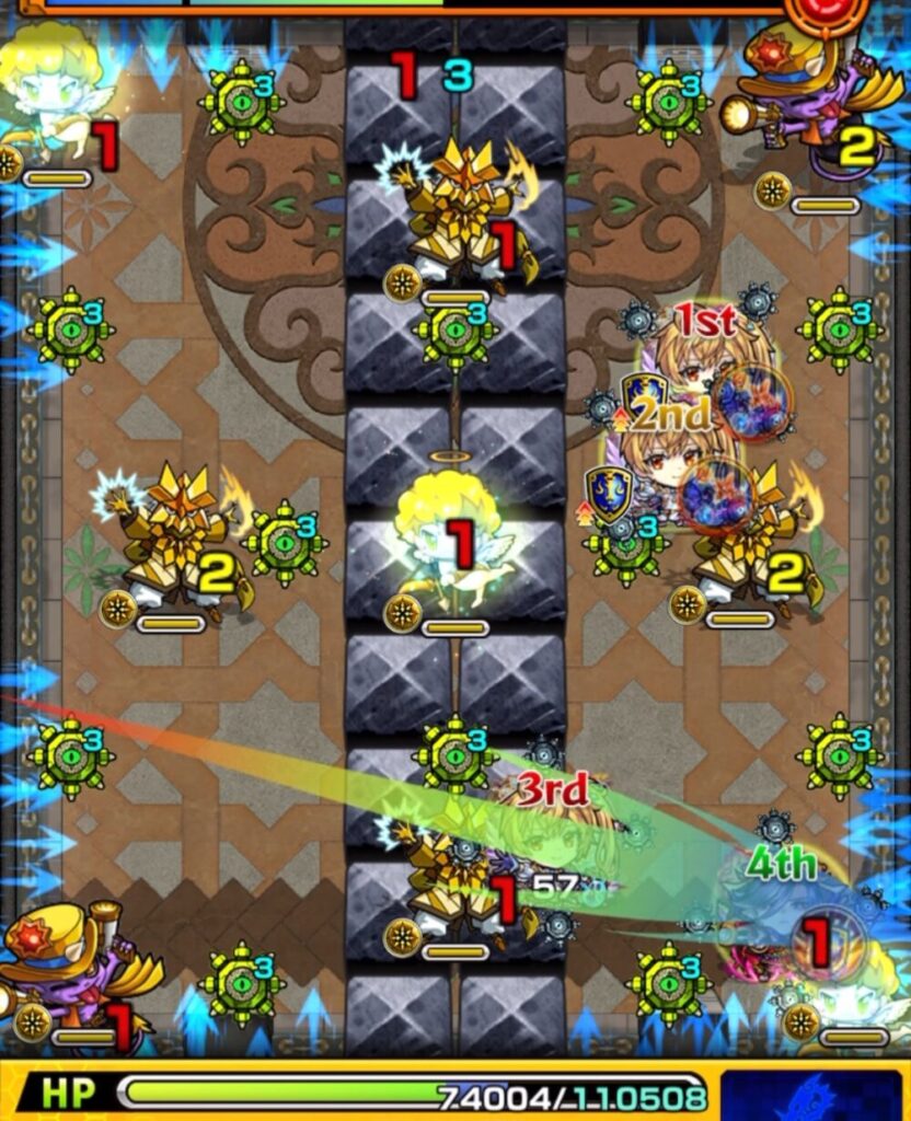 ステージ2・1手目の場面。右下の天使を反撃で起動してHWを展開しつつ、魔導士とガンマンを同時に攻撃しているシーン。