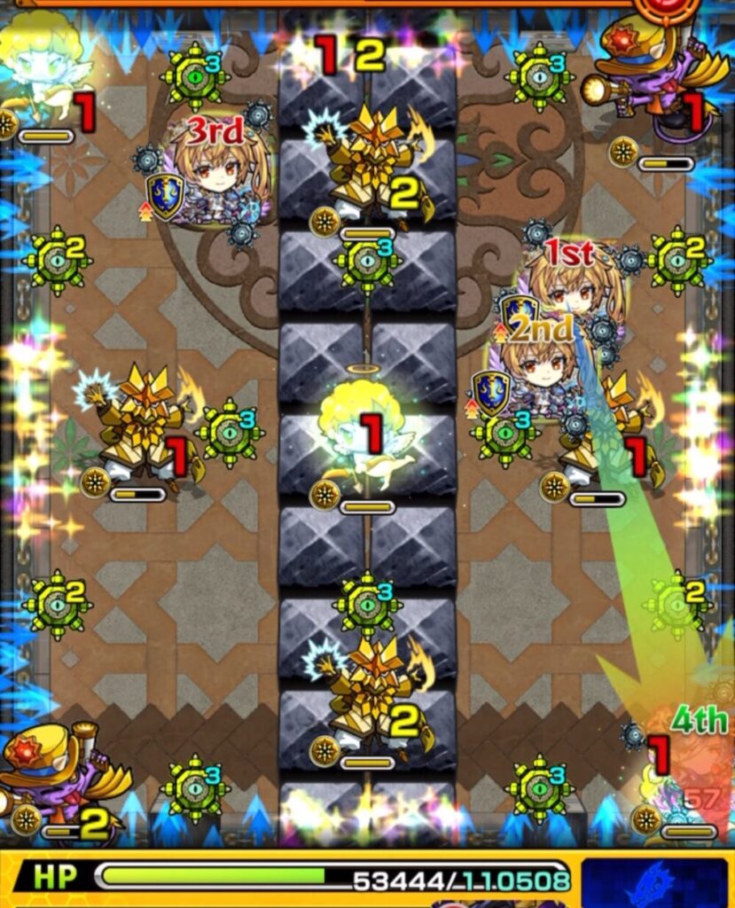 ステージ2・2手目の場面。右下の天使の反撃でHWを張りつつ、魔導士とガンマンを攻撃して撃破した瞬間のスクリーンショット。