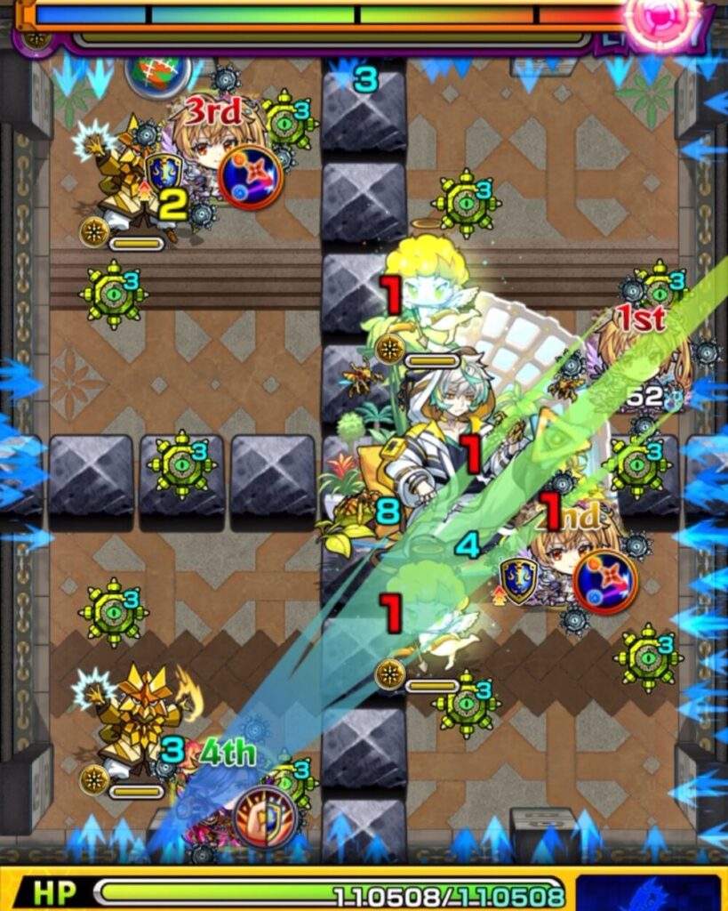 ステージ3・1手目の場面。中ボスの弱点を通りながら天使の反撃を起動してHWを展開し、左下の魔導士を処理しているシーン。