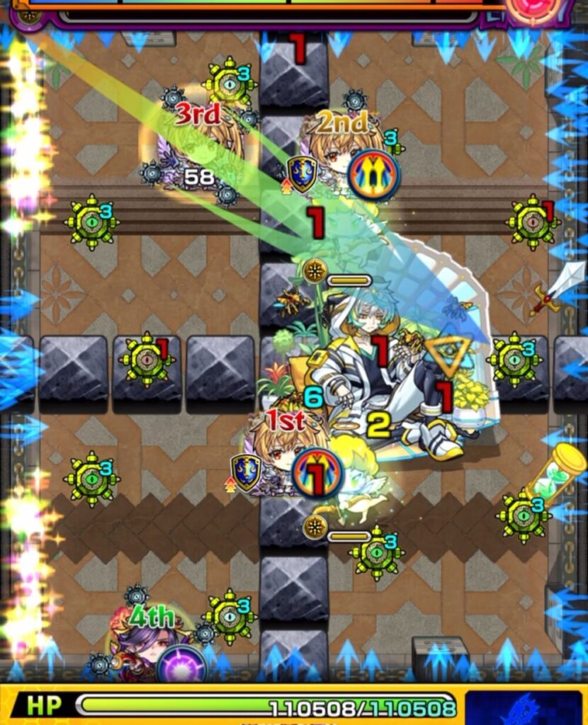 ステージ3・3手目の場面。中ボスの弱点を正確に捉えて攻撃し、撃破した瞬間のスクリーンショット。