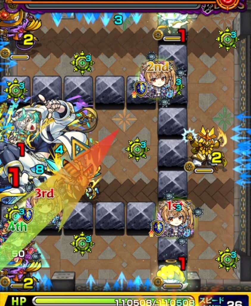 ボスステージ1・1手目の場面。閻魔が右下の天使を経由してHWを展開しつつ、ボスへ反射攻撃で大ダメージを与えているシーン。