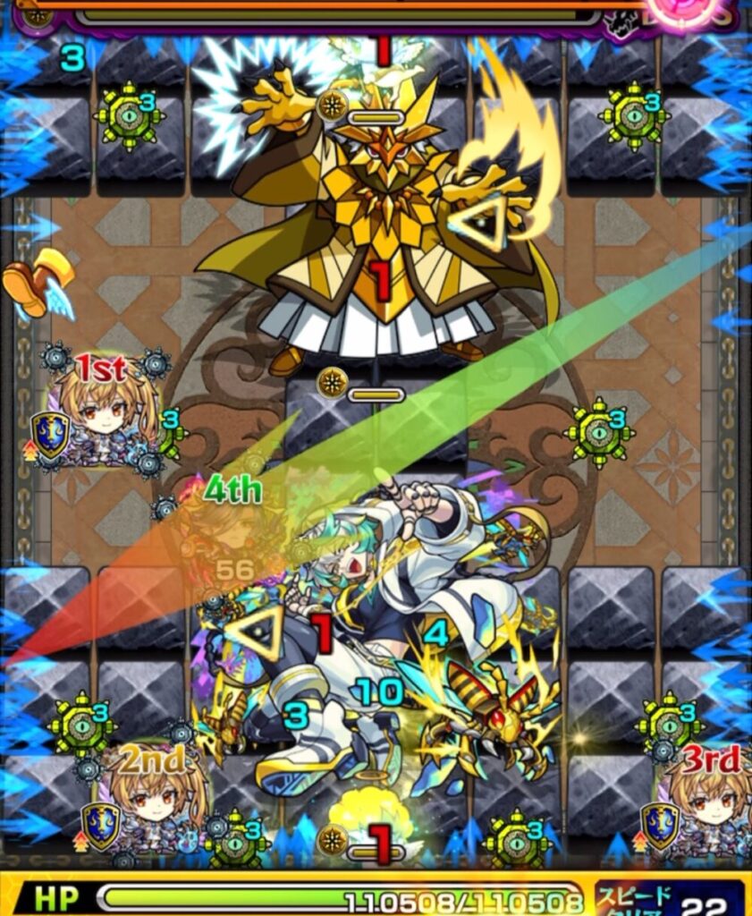 ボスステージ3・1手目の場面。天使経由でHWを展開しながら、魔導士とボスの両方にダメージを与えているシーン。