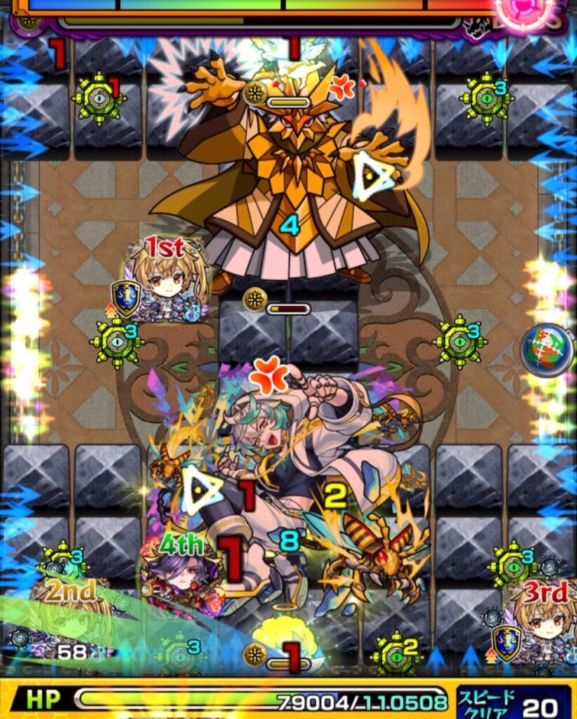 ボスステージ3・3手目の場面。下段の天使を経由してHWを展開しながら、ボスと魔導士を攻撃し、魔導士を撃破した瞬間のスクリーンショット。