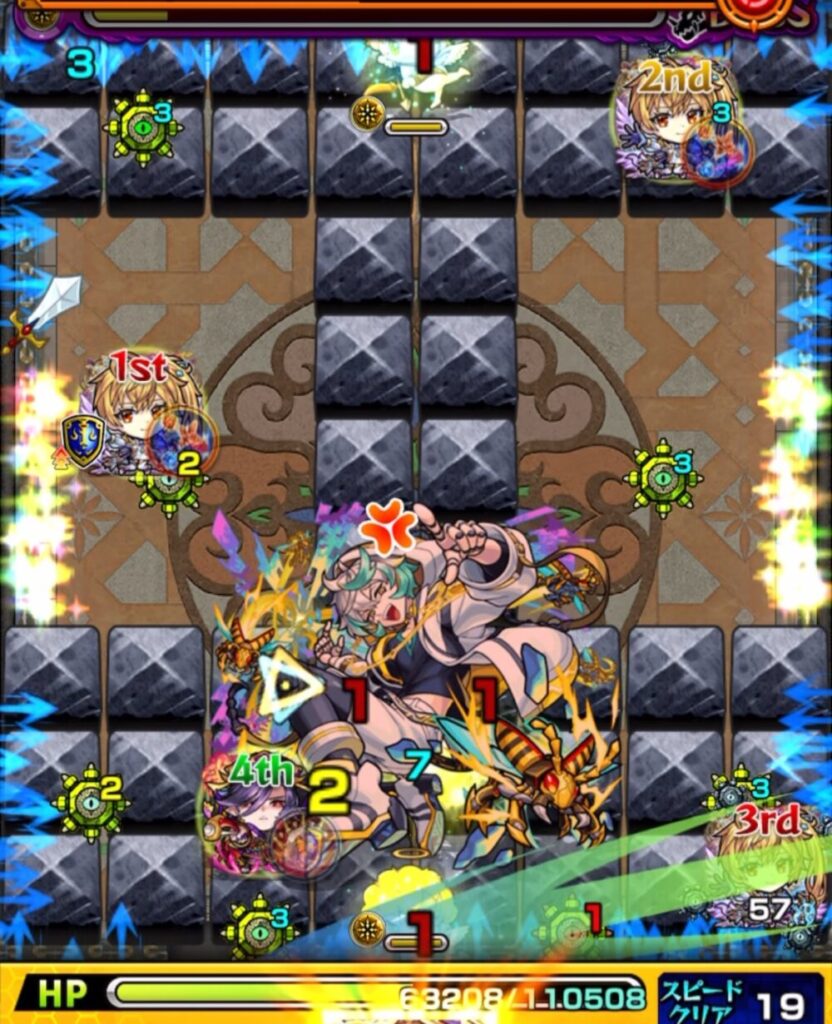 ボスステージ3・4手目の場面。下段の天使を経由してHWを展開しながらボスの弱点を攻撃し、撃破に成功した瞬間のスクリーンショット。