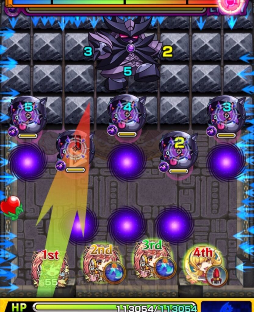 モンスト覇者の塔3rdシーズン35階ステージ1。かちリンを攻撃して中ボスにダメージを与え、HP共有を活かしてステージ突破に成功した瞬間のスクリーンショット。
