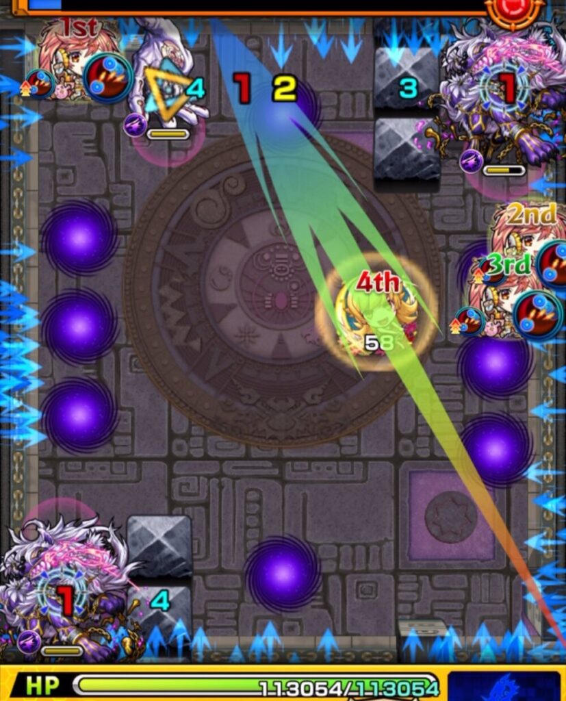 モンスト覇者の塔3rdシーズン35階ステージ3。右手を破壊して弱点をフェンリルに移動させ、連動ダメージで効果的にHPを削った場面のスクリーンショット。
