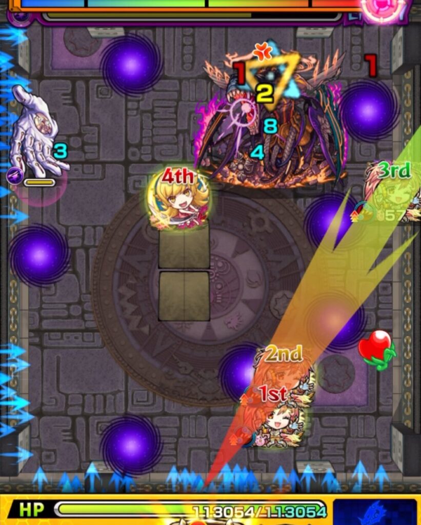 モンスト覇者の塔3rdシーズン35階ボスステージ1。右手を破壊し、友情と直殴りを組み合わせて中ボスの弱点に攻撃。上壁との隙間に挟まり大ダメージを与えて撃破した場面のスクリーンショット。
