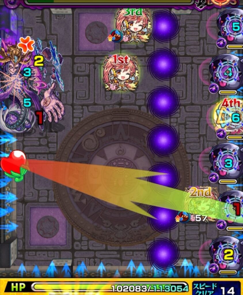 モンスト覇者の塔3rdシーズン35階ボスステージ2。カチりんの弱点とボスを同時に攻撃し、直殴りと友情で大ダメージを与えて撃破した場面のスクリーンショット。
