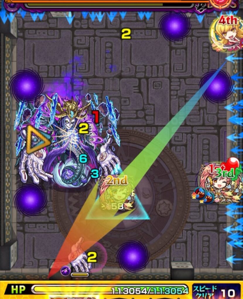 モンスト覇者の塔3rdシーズン35階ボスステージ3。左手を破壊し、壁とボス弱点の間を狙って弾き、友情と直殴りで大ダメージを与えた場面のスクリーンショット。
