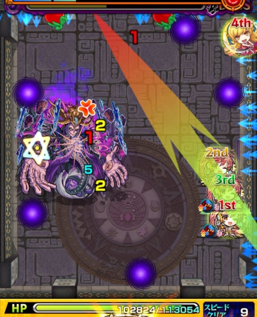 モンスト覇者の塔3rdシーズン35階ボスステージ3。ボスの弱点と壁の間を狙って弾き、挟まれなかったものの殴りと友情でダメージを与えた場面のスクリーンショット。
