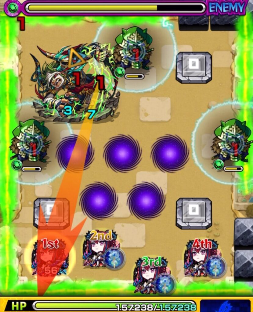 未開の砂宮・拠点23 ステージ1の1手目。サムライ雑魚を処理しつつ、ストライクショットがヴリトラの弱点に偶然当たり大ダメージを与え、そのままステージ突破に成功した場面のスクリーンショット。