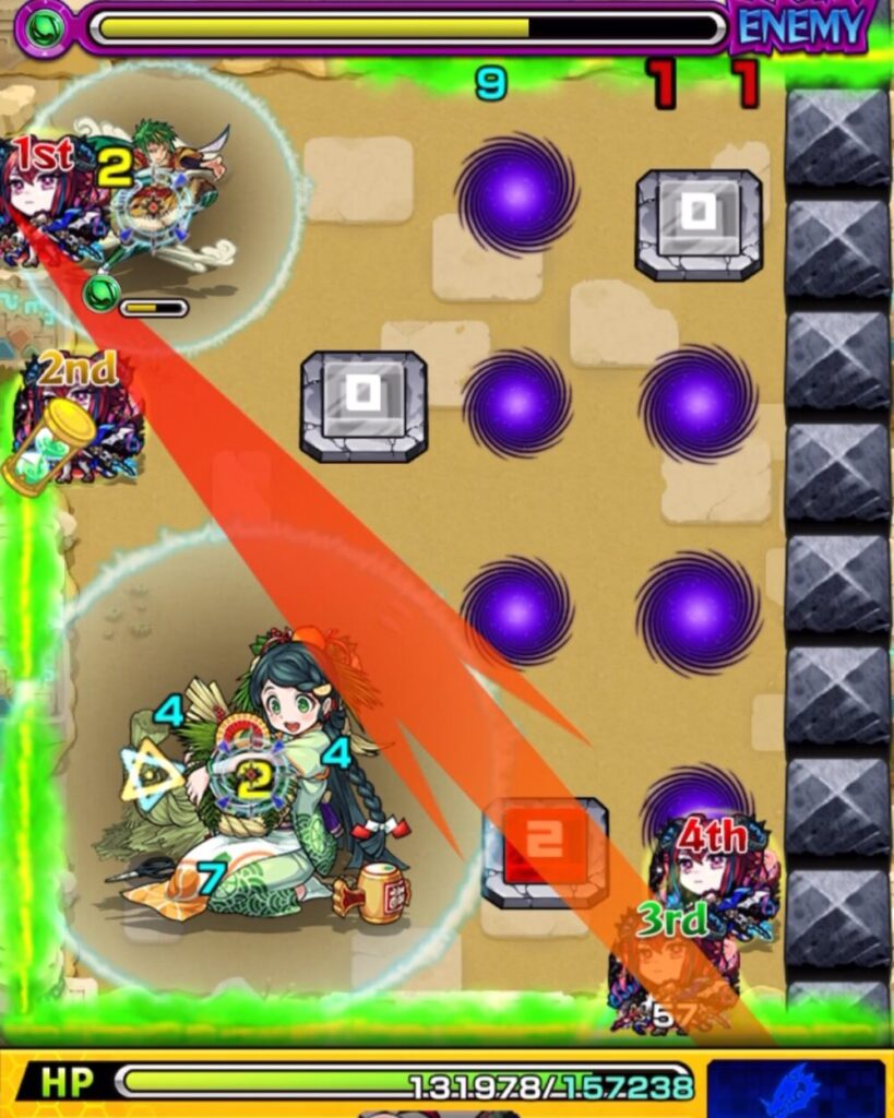 未開の砂宮・拠点23 ステージ2の2手目。ウォールチェンジパネルを踏んで回復しながら、危険なホーミングを放つジライヤを処理した場面のスクリーンショット。