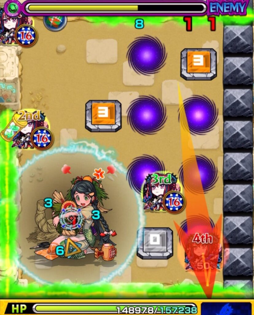 未開の砂宮・拠点23 ステージ2の3手目。ウォールチェンジパネルを踏んで回復しつつ、中ボスへ確実にダメージを与えている場面のスクリーンショット。