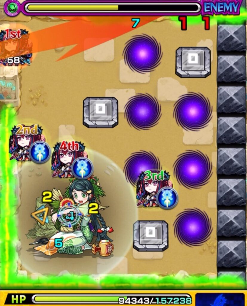 未開の砂宮・拠点23 ステージ2の4手目。ウォールチェンジパネルで回復を入れつつ、中ボスの弱点を狙ってダメージを与えている場面のスクリーンショット。