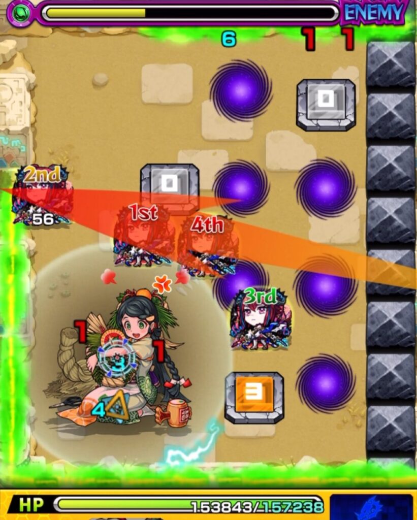 未開の砂宮・拠点23 ステージ2の5手目。ウォールチェンジパネルで回復しつつ、中ボスへ最後のダメージを与えて処理に向かう場面のスクリーンショット。