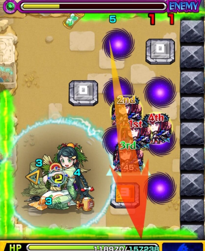 未開の砂宮・拠点23 ステージ2の6手目。ウォールチェンジパネルを踏んでHPを回復しつつ、中ボスへ確実にダメージを与えている場面のスクリーンショット。