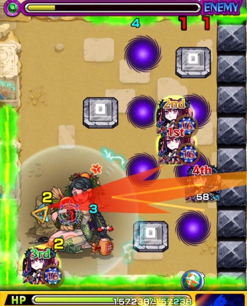 未開の砂宮・拠点23 ステージ2の7手目。全滅攻撃まで残り2ターンの中、左壁経由で中ボスの弱点を狙って弾き、弱点ヒットでステージ突破に成功した場面のスクリーンショット。