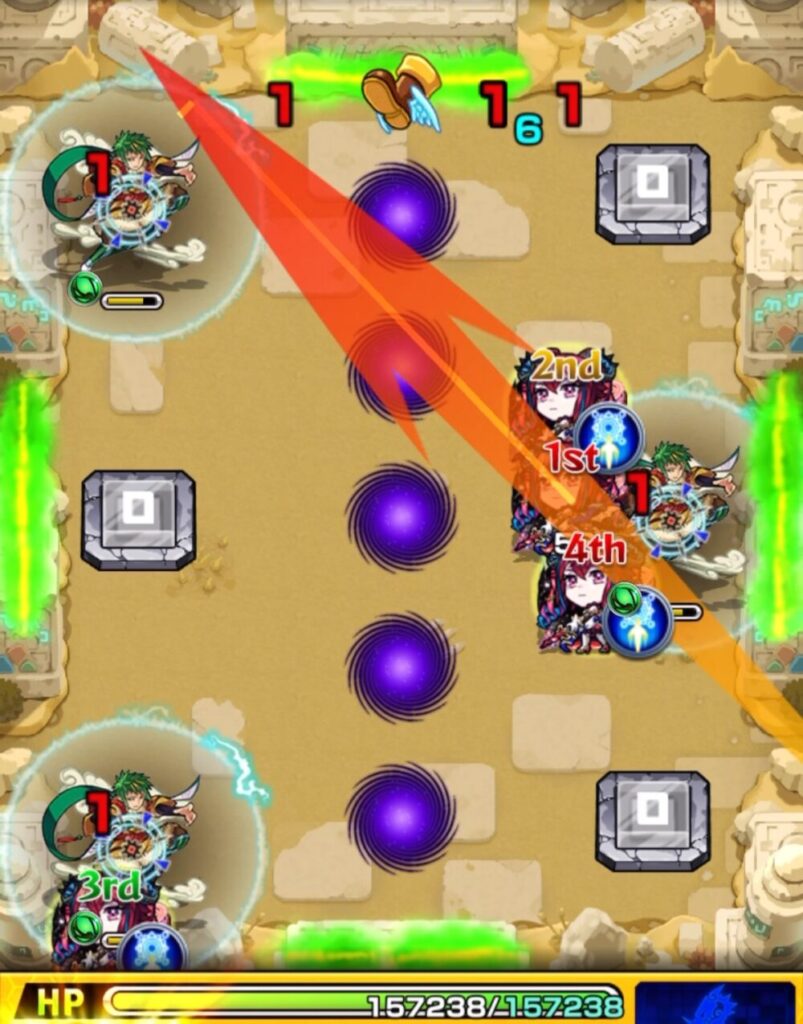 未開の砂宮・拠点23 ステージ3の1手目。危険なホーミングを放つジライヤを優先し、左上のジライヤと壁のあいだに挟まって確実に処理した場面のスクリーンショット。