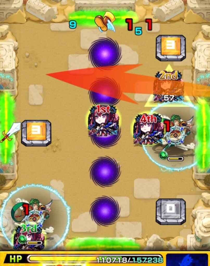 未開の砂宮・拠点23 ステージ3の2手目。ウォールチェンジパネルで回復しながら弾き、左下のジライヤと壁のあいだに挟まって処理に成功した場面のスクリーンショット。